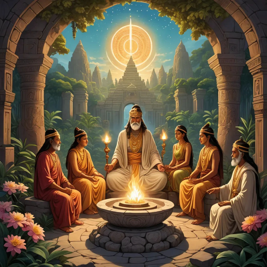 a painting of a group of people sitting around a fire pit with a man in the middle of the picture, fantasy art, a storybook illustration, Christophe Vacher, classical painting