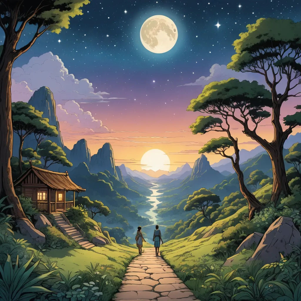 a painting of two people walking down a path to a hut in the mountains at night with a full moon, fantasy art, a storybook illustration, Dan Mumford, official art