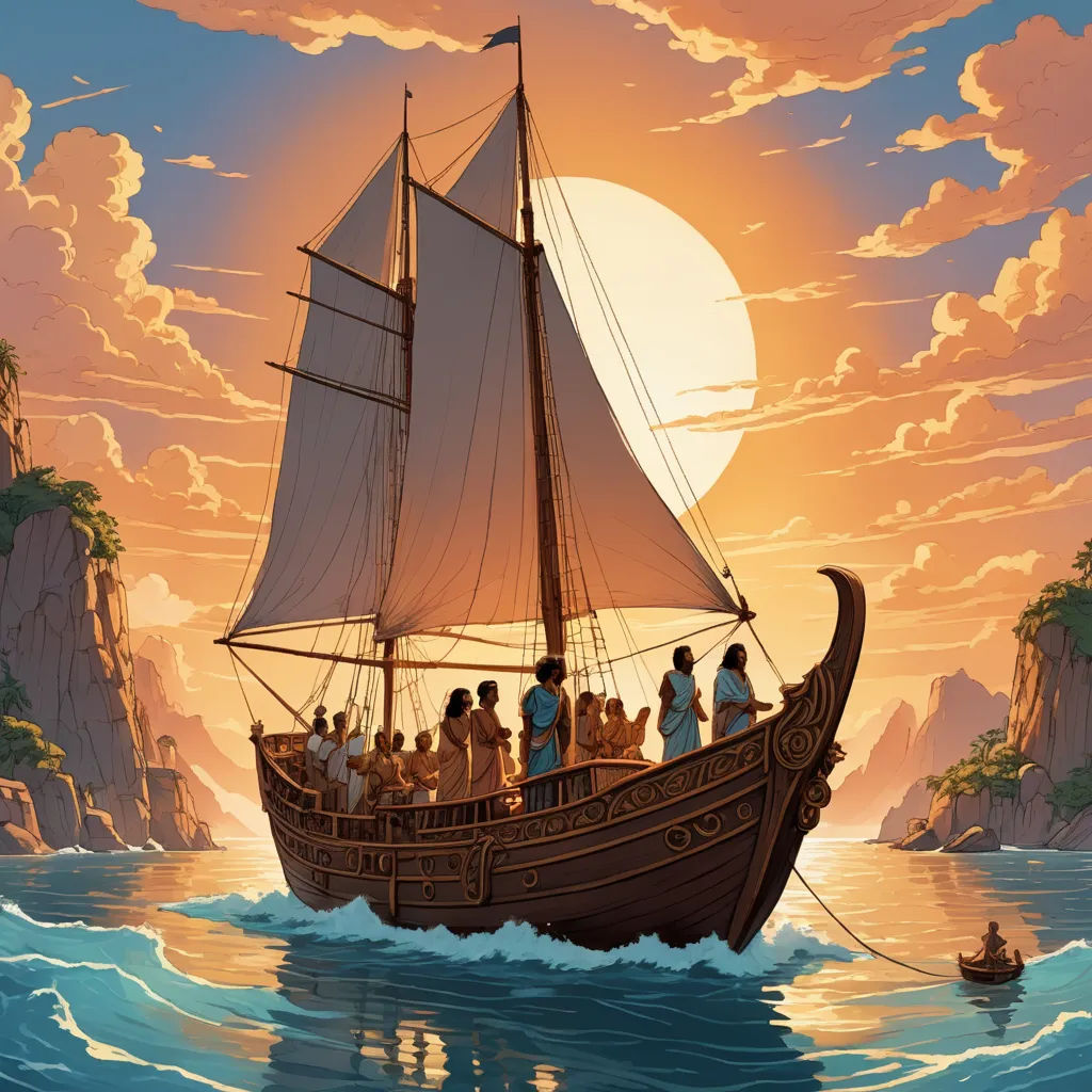 a painting of a boat with people on it in the ocean at sunset or sunrise time with a sun setting, fantasy art, a detailed matte painting, Christophe Vacher, highly detailed digital painting