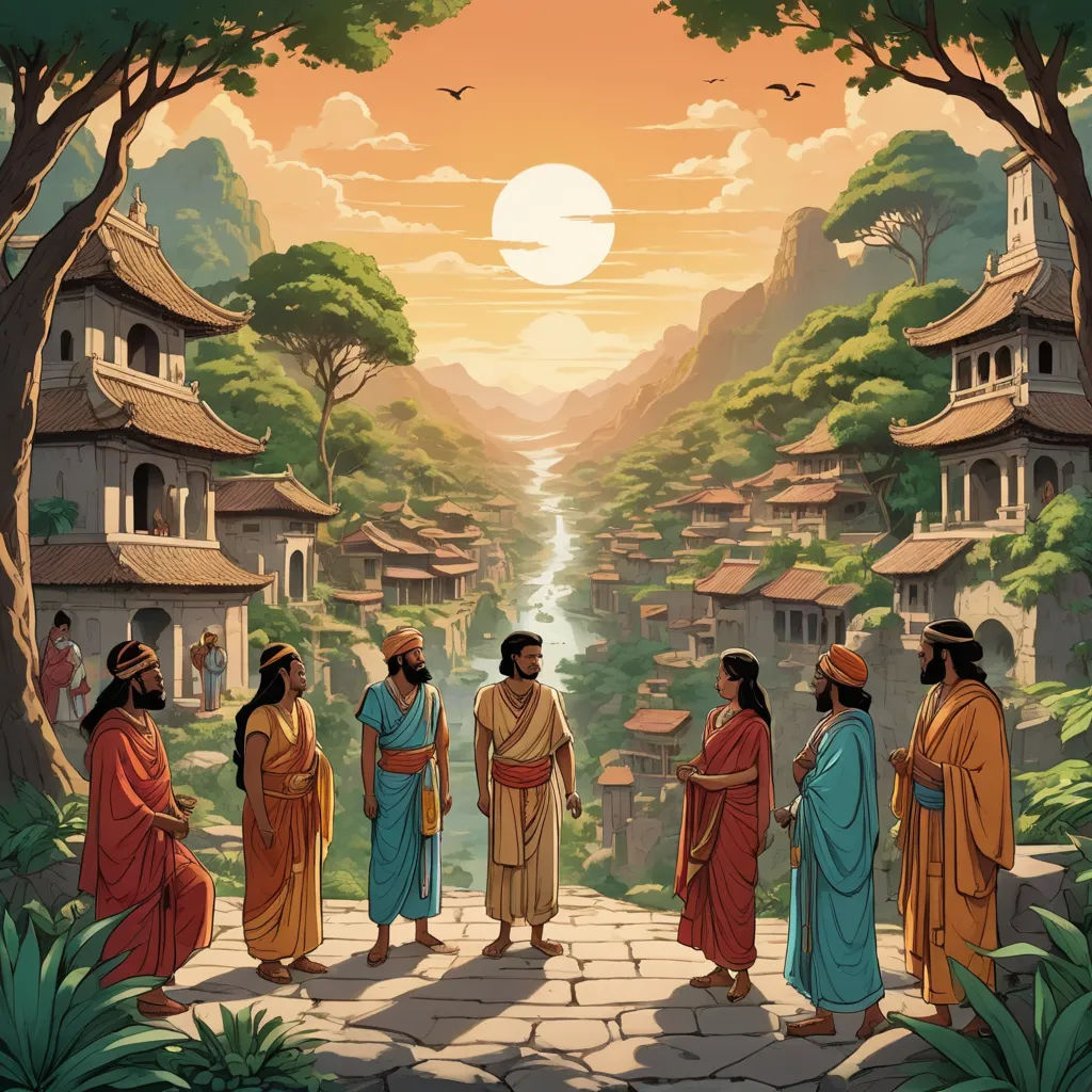 a group of people standing on a stone walkway in front of a village with a river and mountains in the background, fantasy art, a storybook illustration, Dan Mumford, graphic novel