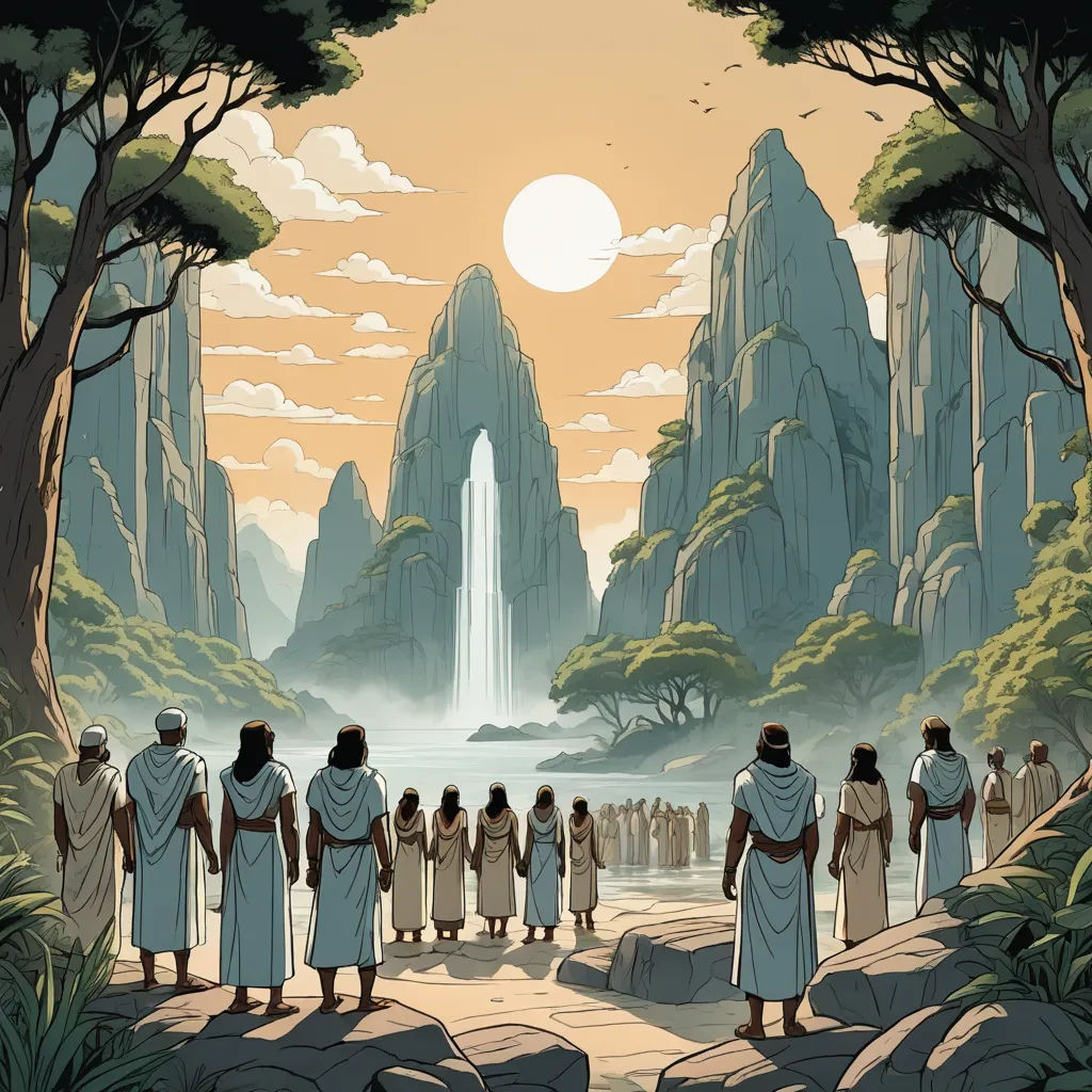 a group of people standing in front of a waterfall with a waterfall in the background and a group of people standing in front of a waterfall, les nabis, a comic book panel, Asaf Hanuka, graphic novel