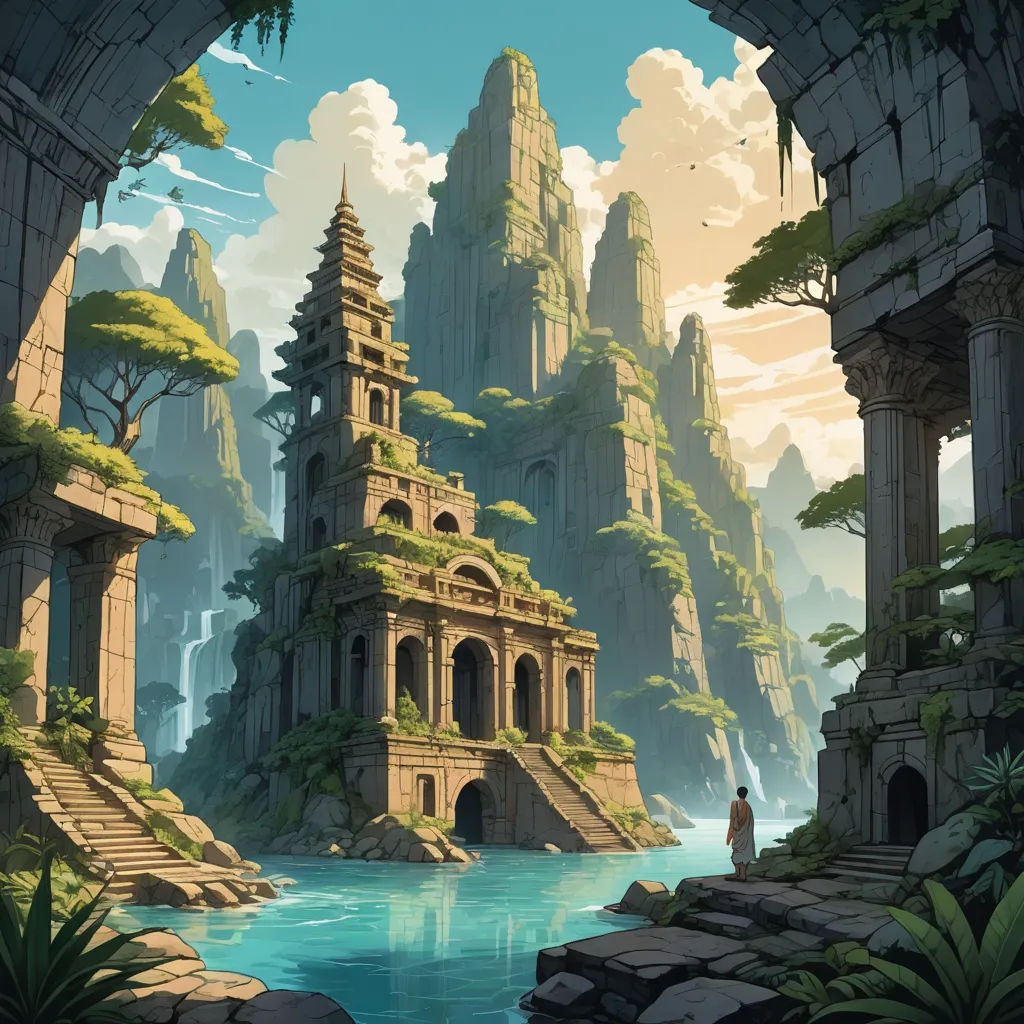 a man standing in a cave looking at a mountain landscape with a river and a castle in the distance, fantasy art, a detailed matte painting, Christophe Vacher, rossdraws global illumination