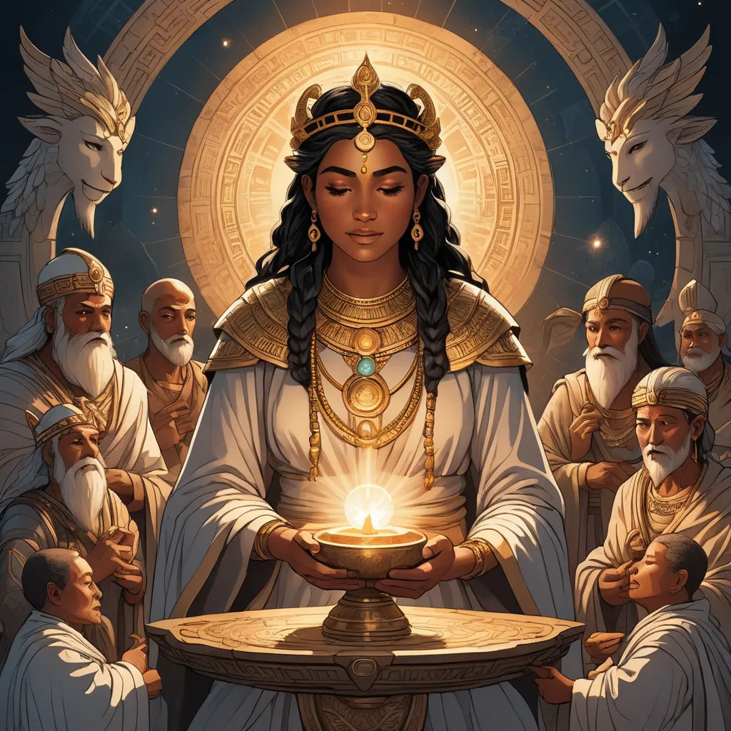 a painting of a woman holding a bowl of food with other people around her and a halo above her, fantasy art, a detailed painting, Donato Giancola, magic the gathering artwork