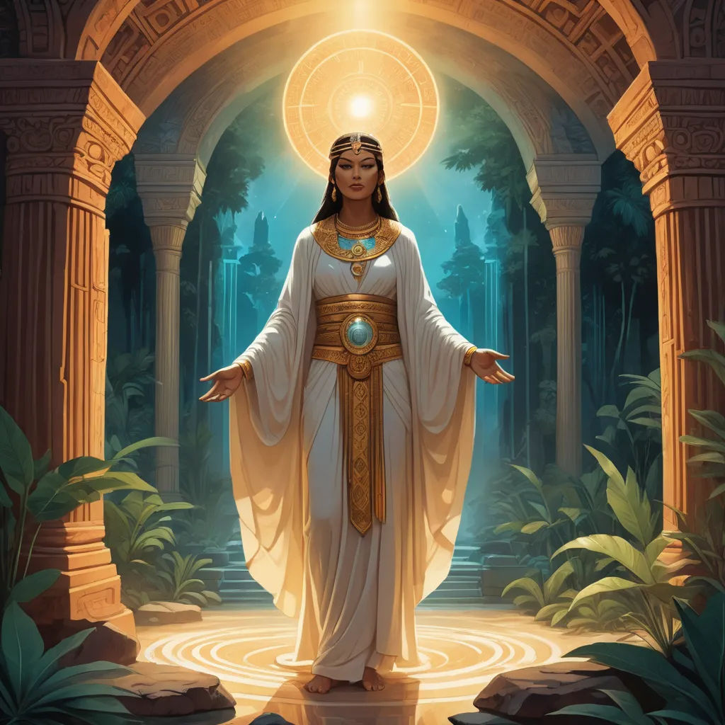 a painting of a woman in a white dress with a golden halo and cross on her chest and arms, fantasy art, a detailed painting, Christophe Vacher, rossdraws global illumination