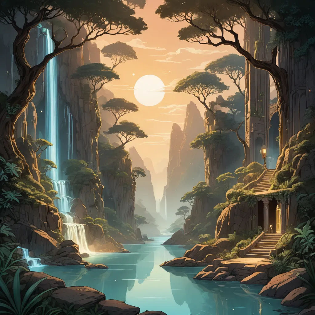 a painting of a waterfall in a forest with a waterfall in the background and a waterfall in the foreground, fantasy art, a detailed matte painting, Christophe Vacher, matte fantasy painting