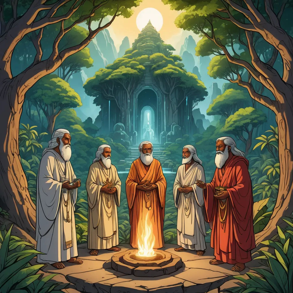 a group of men standing around a fire pit in a forest with trees and a temple in the background, fantasy art, a storybook illustration, Christophe Vacher, comic cover art