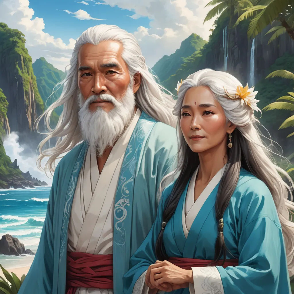 a painting of a man and woman standing next to each other in front of a waterfall and a mountain, fantasy art, a detailed painting, Christophe Vacher, stanley artgerm lau