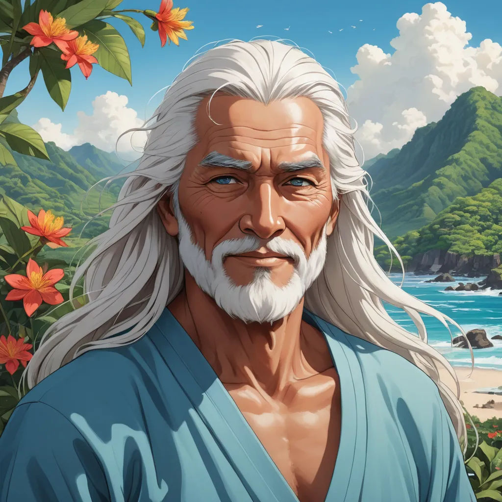 a painting of a man with long white hair and a beard standing in front of a mountain and ocean, fantasy art, a character portrait, Christophe Vacher, official art