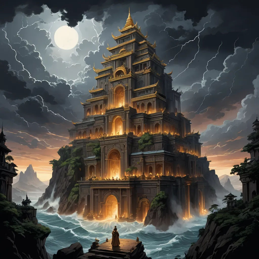 a castle in the middle of a body of water with a man sitting on a ledge looking at it, fantasy art, a detailed matte painting, Christophe Vacher, fantasy artwork