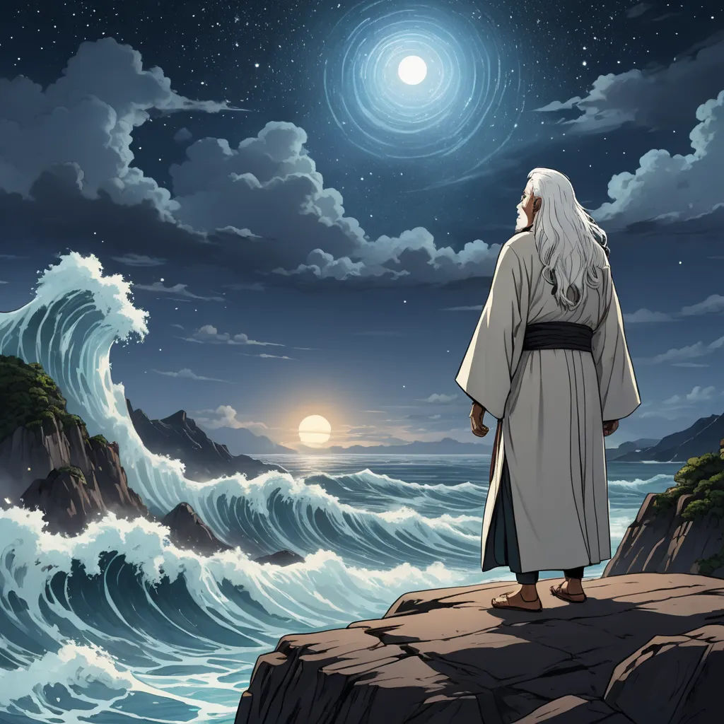 a man standing on a cliff looking at the ocean with a full moon in the sky above him and a wave crashing behind him, ukiyo-e, poster art, Asaf Hanuka, official art