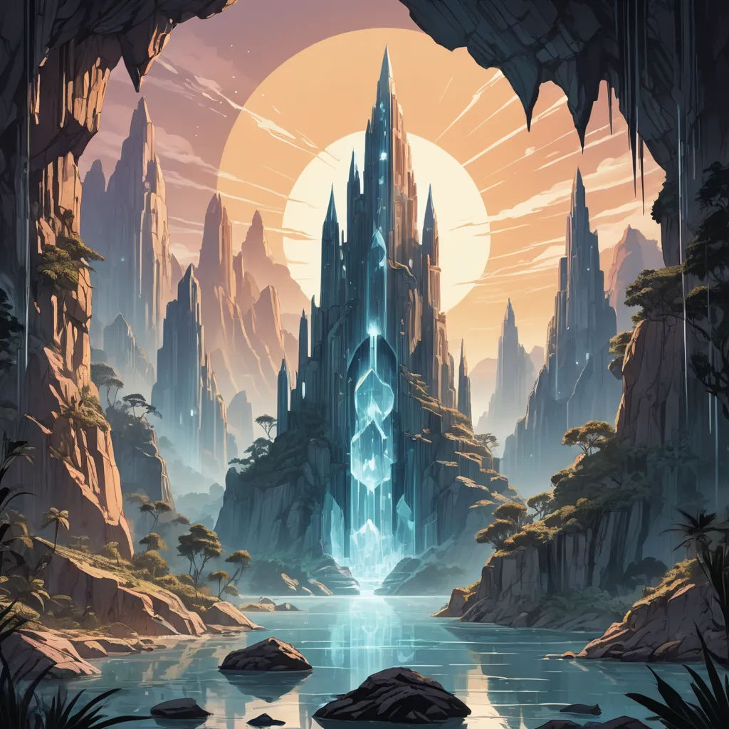 a painting of a fantasy landscape with a waterfall and a castle in the background with a sun setting over the mountains, fantasy art, a detailed matte painting, Chris LaBrooy, rossdraws global illumination