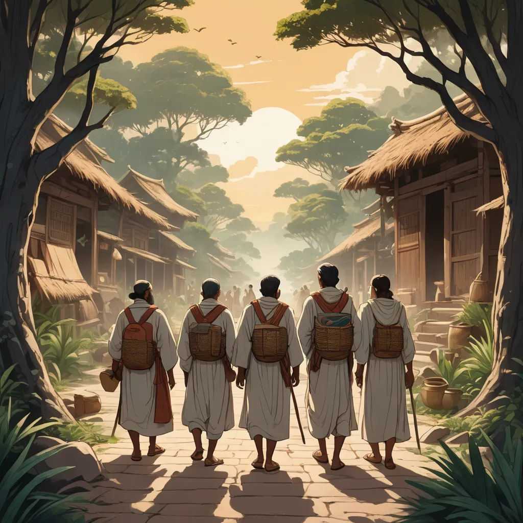 a group of people walking down a street next to a forest filled with trees and houses on either side of a road, primitivism, a detailed matte painting, Christophe Vacher, rossdraws global illumination