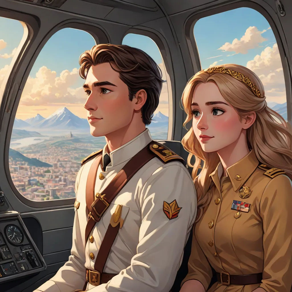 a man and a woman sitting in a plane looking out the window at the city below them and mountains in the distance, sots art, a comic book panel, Colin Middleton, official art