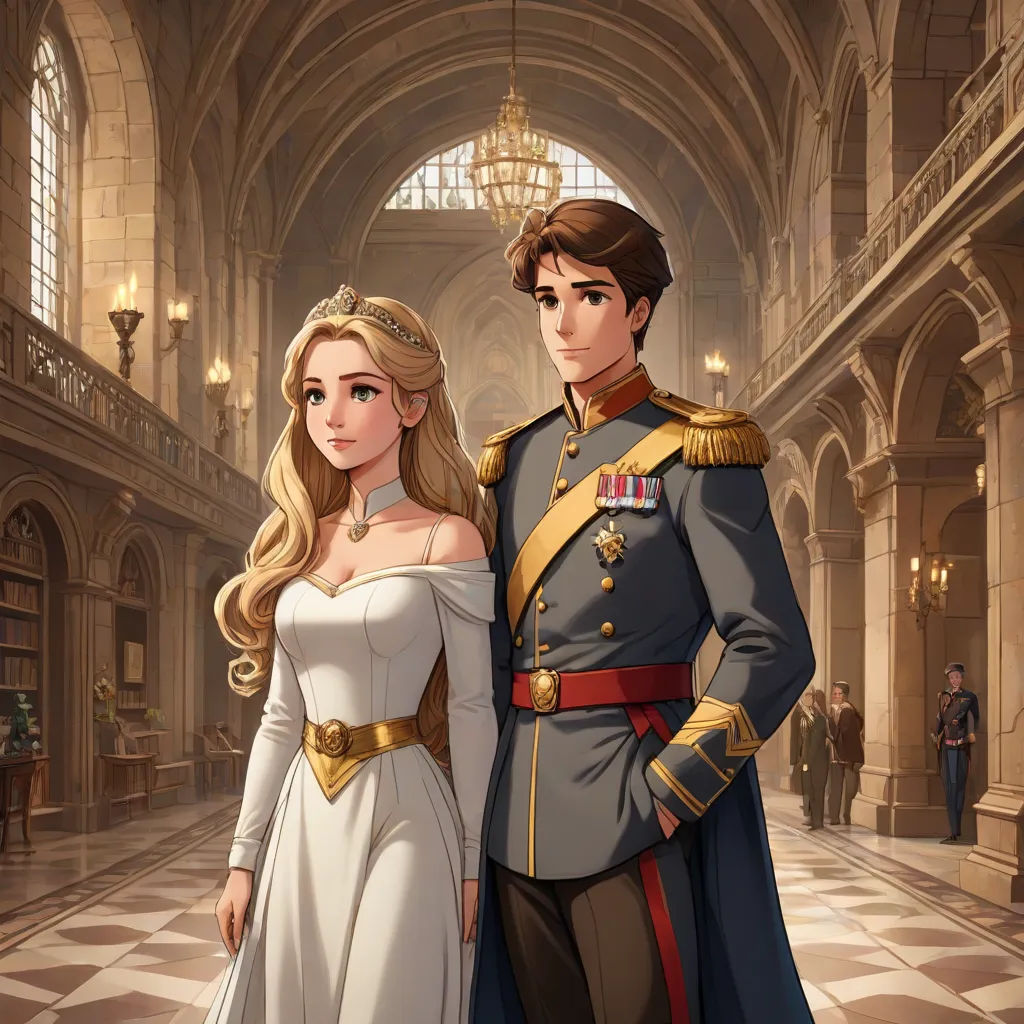 a man and a woman in formal dress standing in a hall together, dressed in historical clothing, and a tiara, sots art, concept art, disney, official art