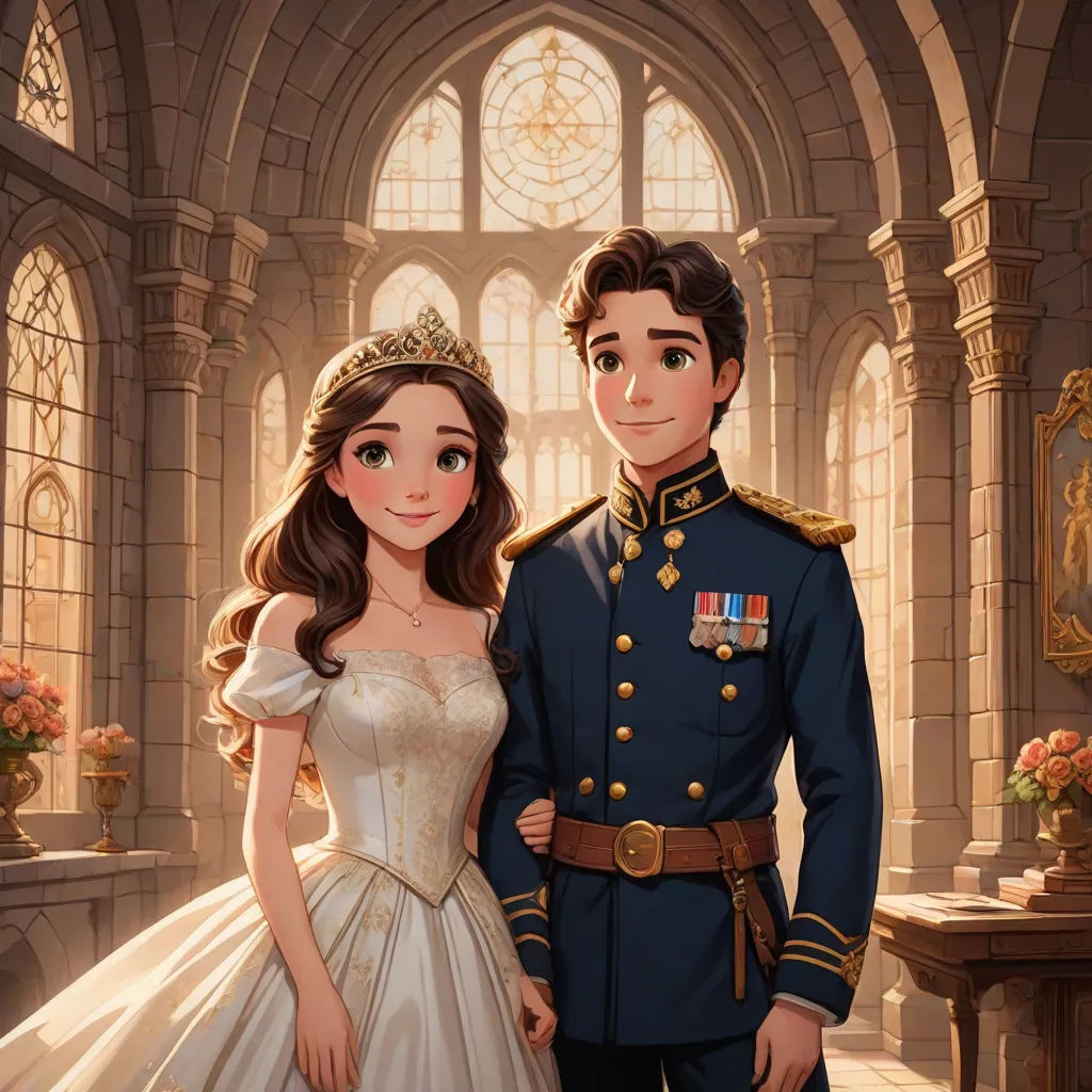 a man and a woman in wedding dresses standing next to each other in a castle like setting with a clock, sots art, a storybook illustration, disney, rossdraws global illumination