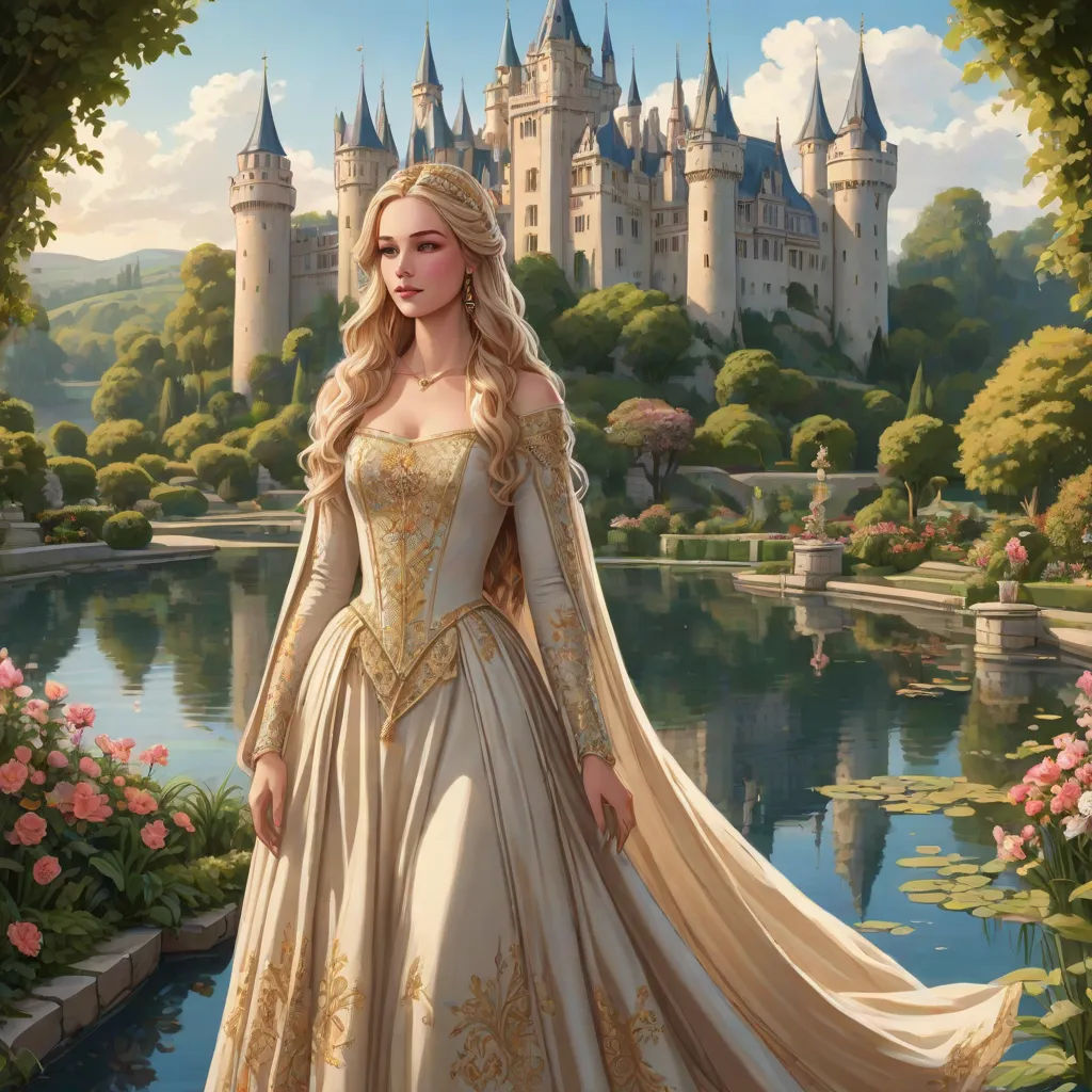 a woman in a dress standing in front of a castle with a lake and flowers in front of it, fantasy art, a storybook illustration, Anne Stokes, rossdraws global illumination