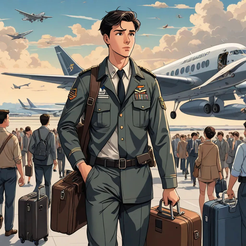 a man in uniform is walking with luggage in front of a plane and a crowd of people in the background, serial art, a comic book panel, Bian Jingzhao, official art