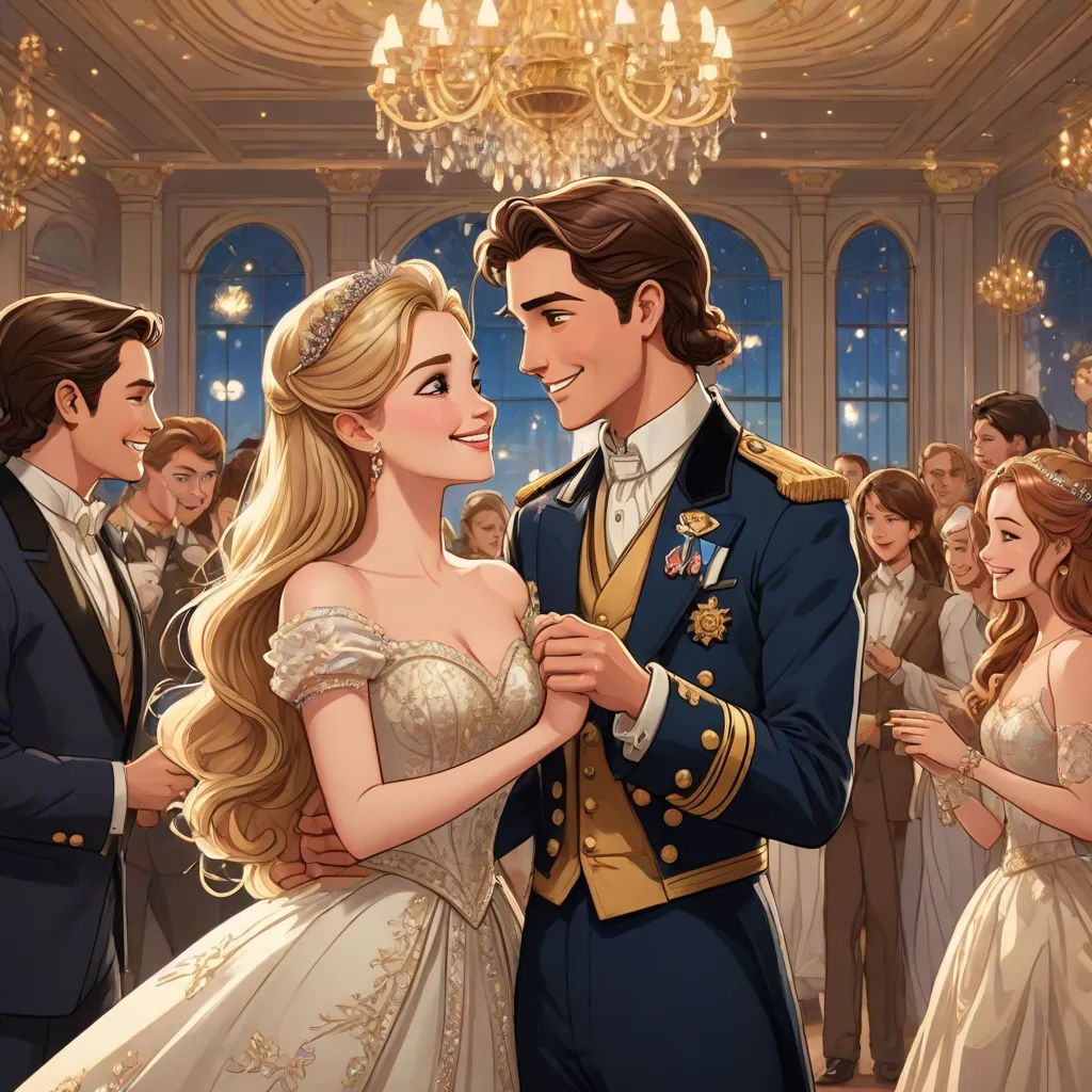 a man in a military uniform and a woman in a wedding dress are dancing together in a ballroom with a crowd of people, sots art, a storybook illustration, disney, official art