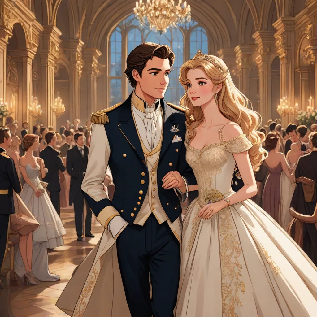 a man and a woman in formal dress standing next to each other in a ballroom with a chandelier, sots art, a storybook illustration, Charlie Bowater, official art
