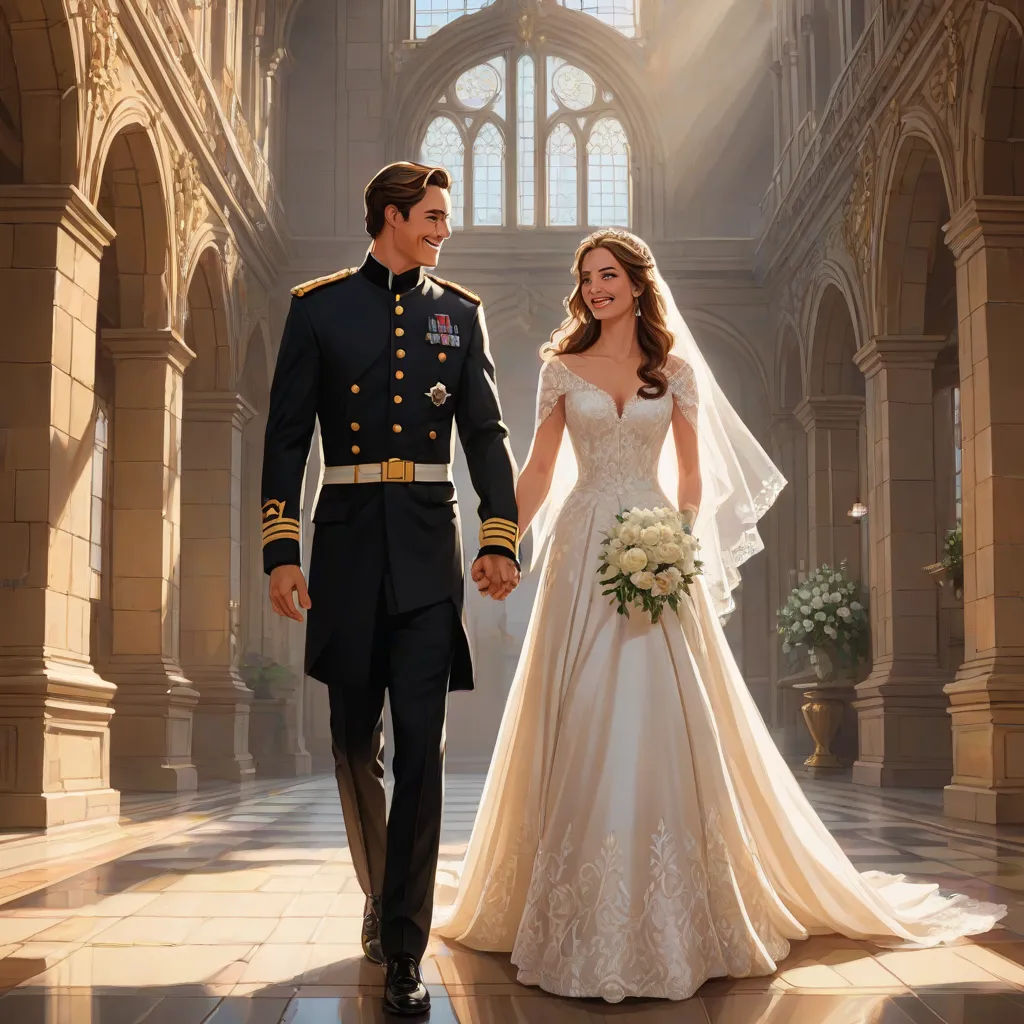 a man and woman in military uniforms walking through a hall holding hands and smiling at each other, with a bouquet in hand, photorealism, a photorealistic painting, Colin Middleton, official art