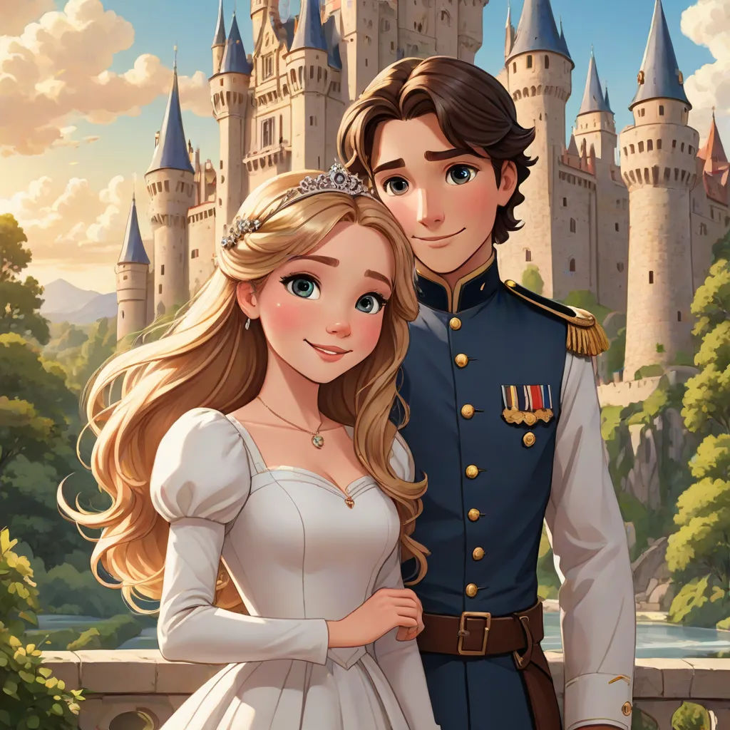 a couple dressed in wedding clothes standing in front of a castle with a princess and prince in front of it, sots art, a storybook illustration, disney, official art