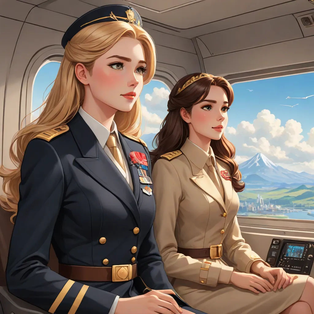 two women in uniforms sitting on a plane looking out the window at the mountains and a mountain range behind them, serial art, a comic book panel, Artgerm, official art