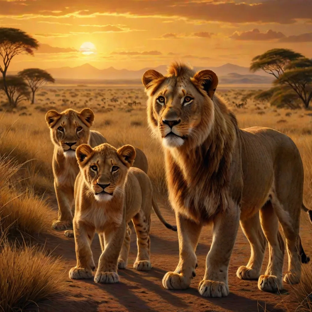 a painting of a lion family walking across a field at sunset with the sun setting behind them and a lion cub in the foreground, fantastic realism, an oil painting, Brothers Hildebrandt, wildlife photography