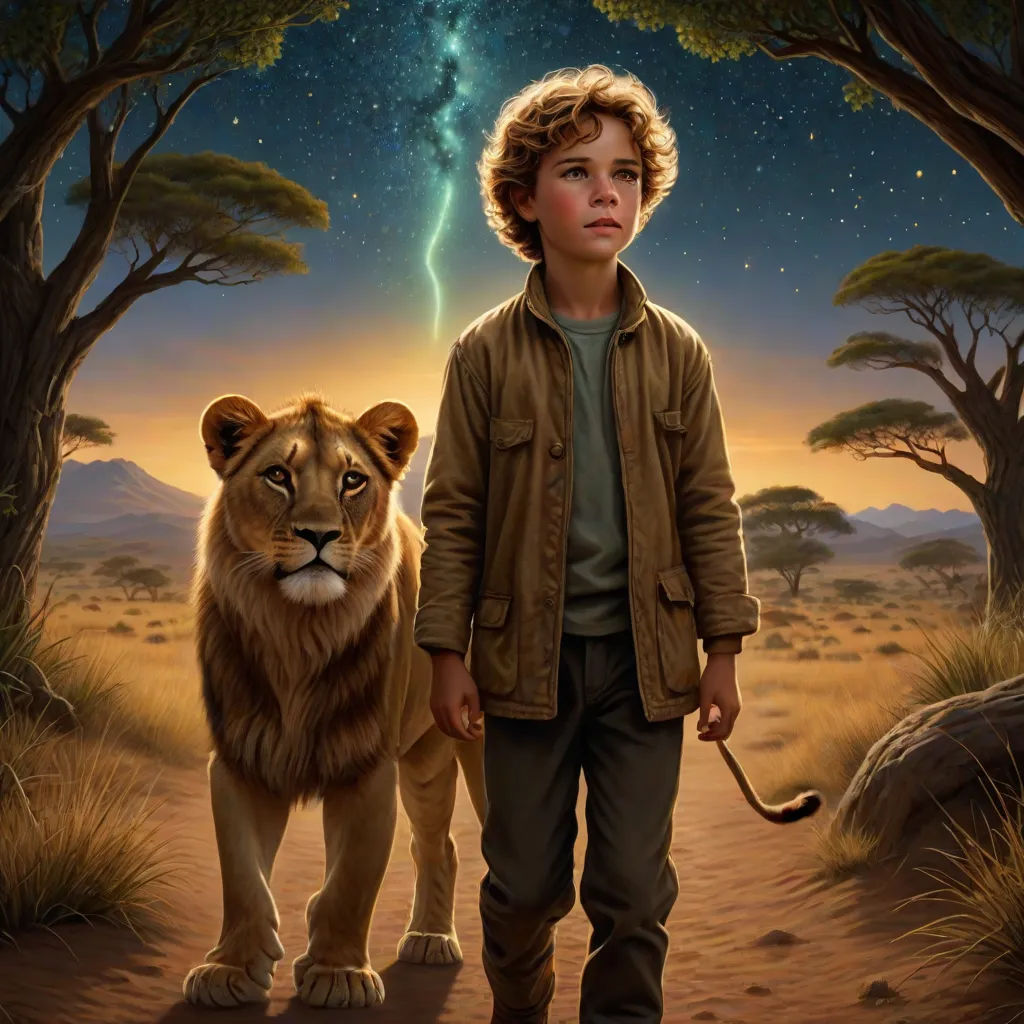 a boy is walking a lion in the desert with a lightning bolt in the background and a tree with a lightning bolt in the sky, fantasy art, a detailed matte painting, Drew Struzan, promotional image