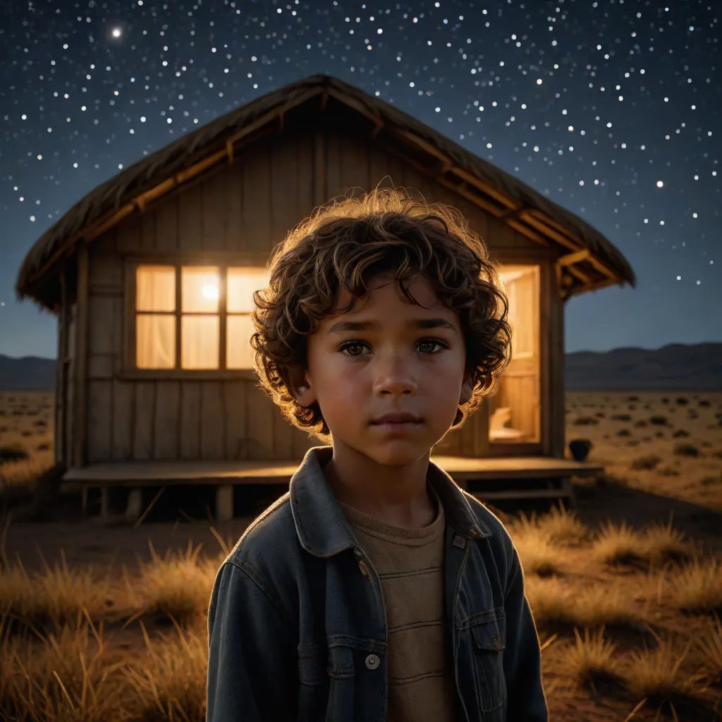 a young boy standing in front of a small cabin under the stars of the night sky with a lit window, photorealism, poster art, Chris LaBrooy, cinematic photography