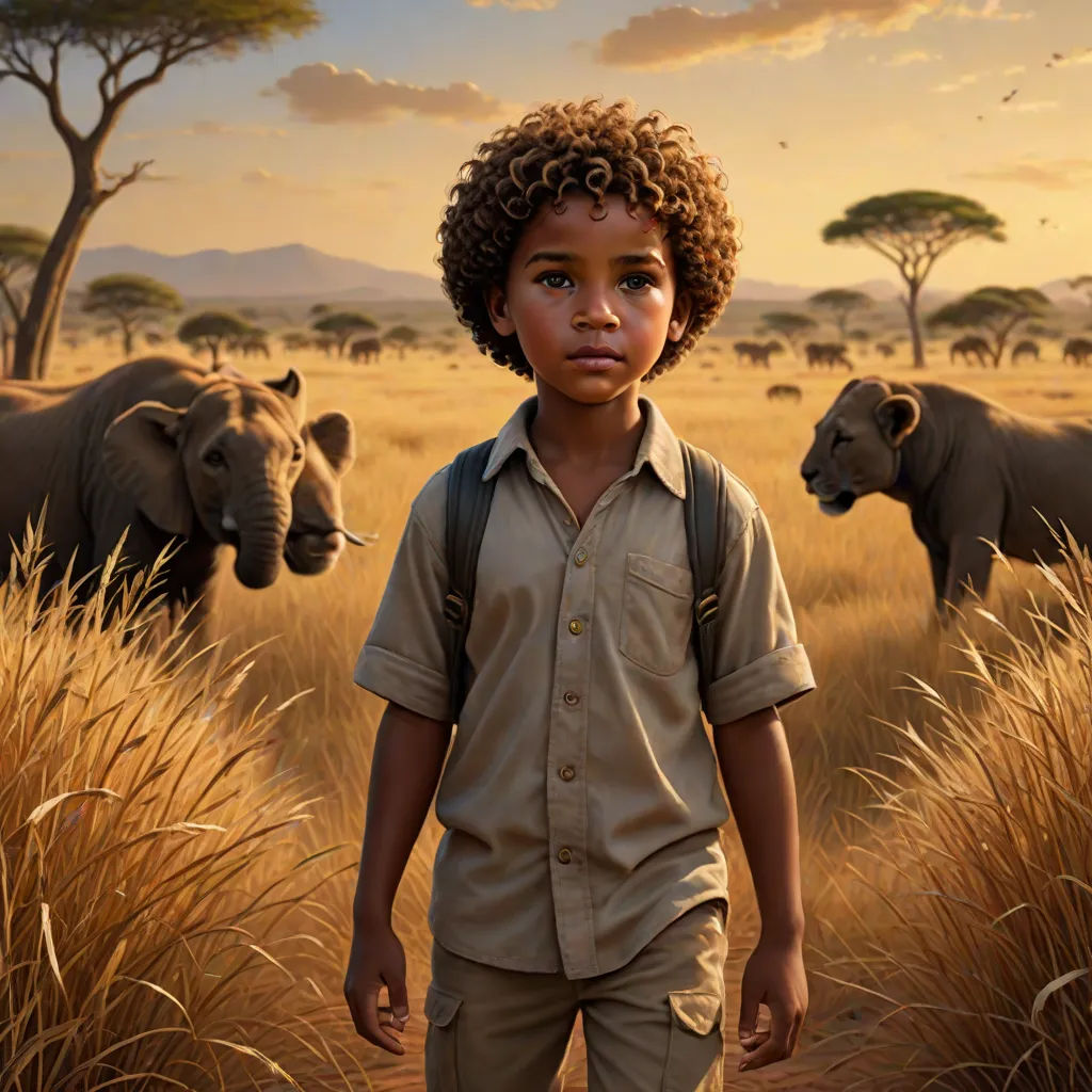 a boy standing in a field with elephants in the background at sunset or dawn, with a painting of him, photorealism, a painting, Chris LaBrooy, official art