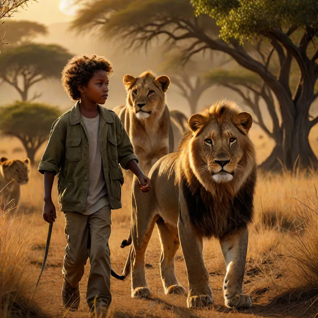 a boy walking with two lions in the wild on a sunny day in africa, with trees in the background, photorealism, poster art, Chris LaBrooy, promotional image