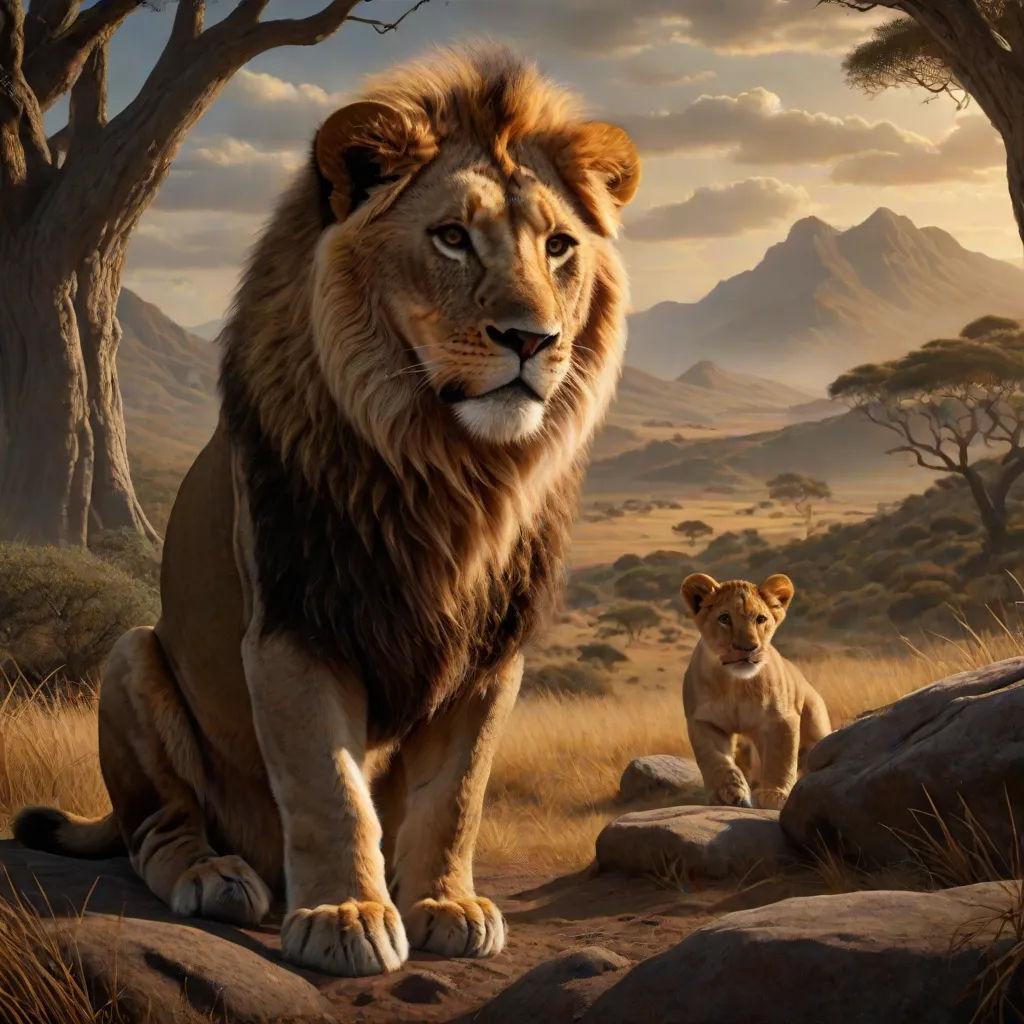 a lion and a cub sitting on a rock in a field with trees and mountains in the background,, photorealism, an oil painting, Brothers Hildebrandt, oil painting