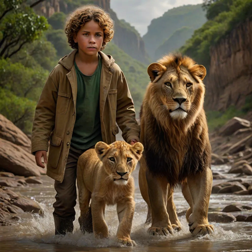 a boy and a lion are walking through a river together in the wild with a mountain in the background, photorealism, a poster, Chris LaBrooy, promotional image