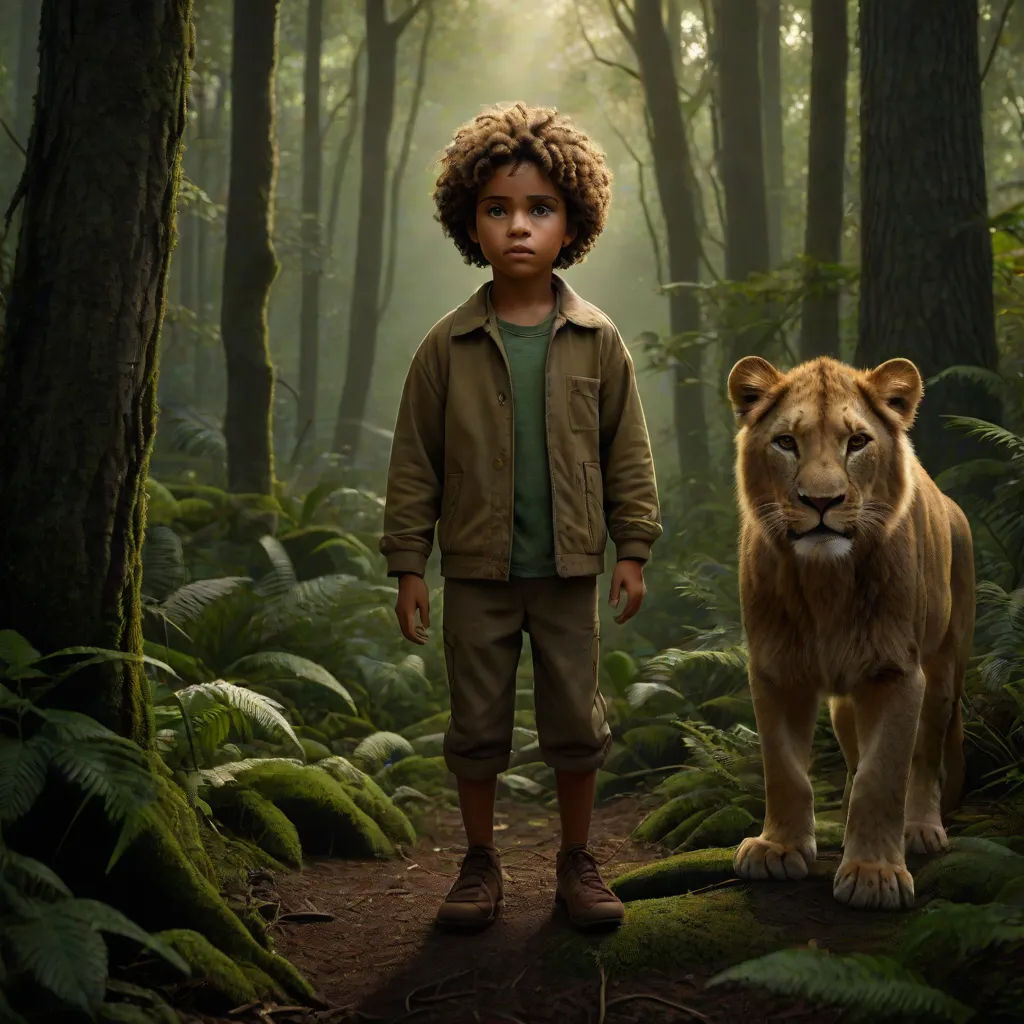 a young boy standing next to a lion in a forest with a lion cub on the ground in front of him, magical realism, a detailed matte painting, Felix-Kelly, promotional image