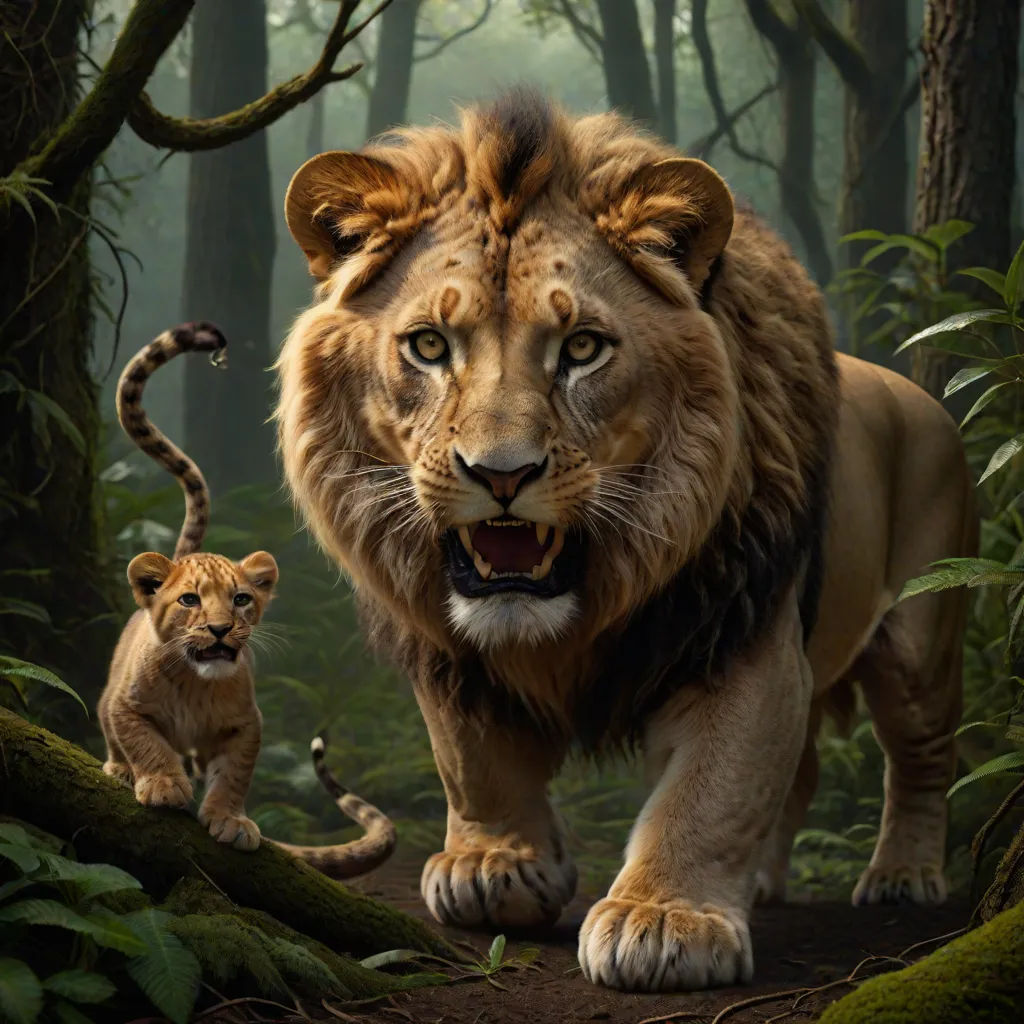 a lion and a cub walking through a forest filled with trees and ferns, with a large adult lion in the foreground, photorealism, a photorealistic painting, Chris LaBrooy, official art