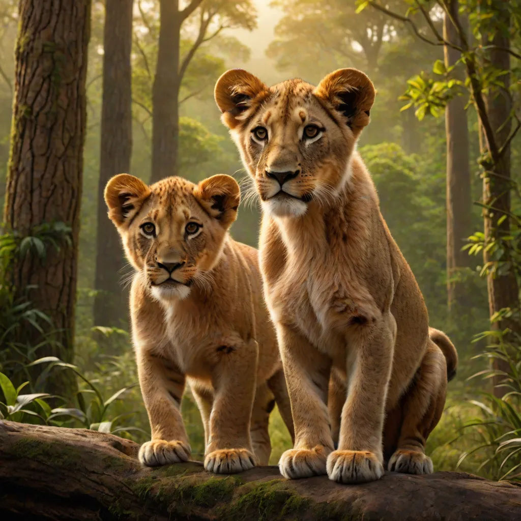 two young lions sitting on a log in the woods, one staring at the camera and the other staring at the camera, photorealism, a poster, Chris LaBrooy, promotional image