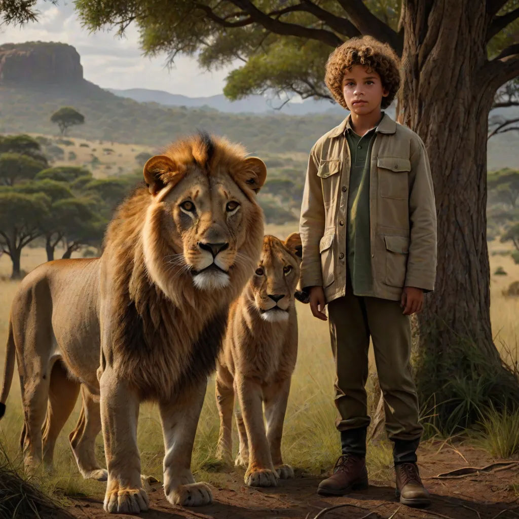 a boy standing next to a lion and two lions in a field with trees and mountains in the background, magical realism, a poster, Chris LaBrooy, promotional image