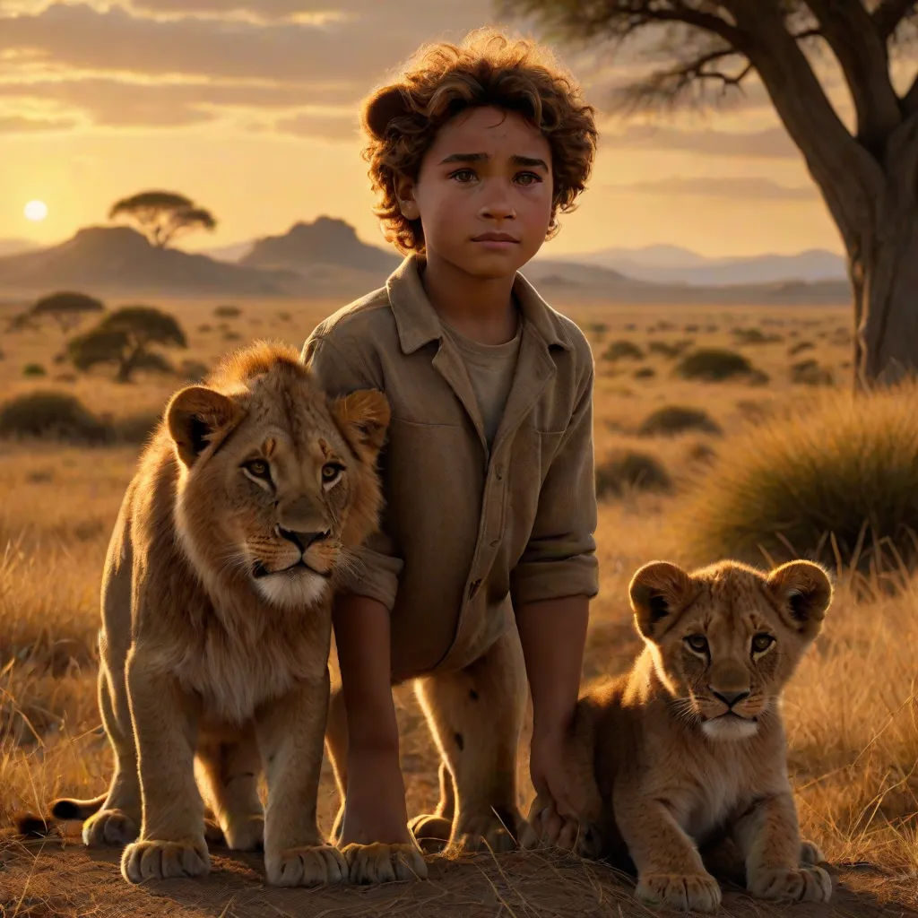 a boy standing next to two lions in a field at sunset with a tree in the background and a sunset behind him, photorealism, a poster, Edward George Handel Lucas, promotional image