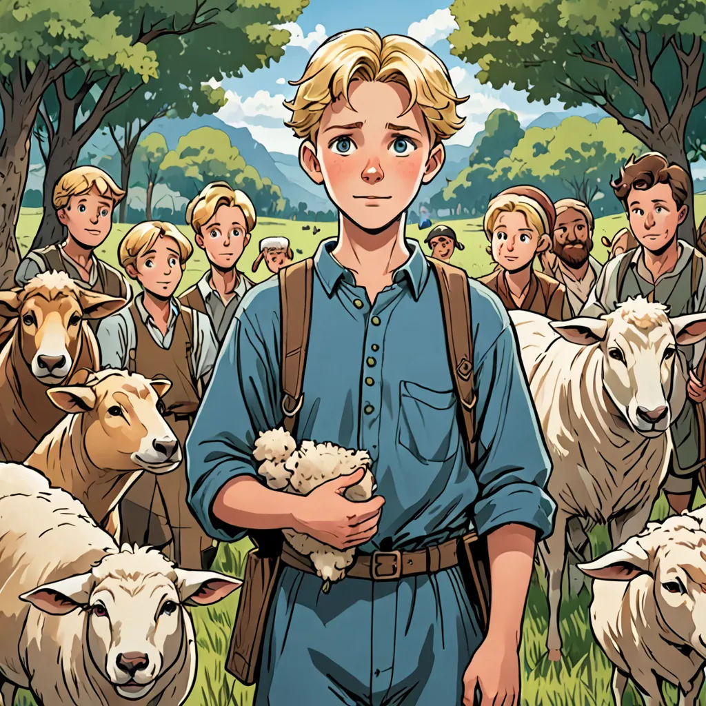 a boy holding a sheep in front of a group of people in a field with trees and grass on either side of him, context art, a storybook illustration, Asaf Hanuka, official art