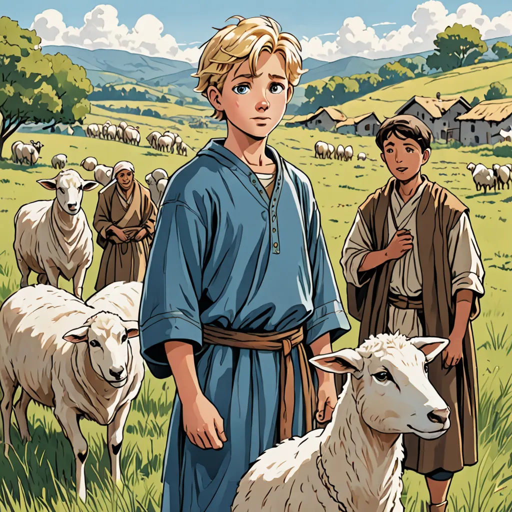 a boy standing in front of a herd of sheep in a field with a shepherd in the background and a shepherd in the foreground, lyco art, a comic book panel, Brothers Hildebrandt, comic cover art