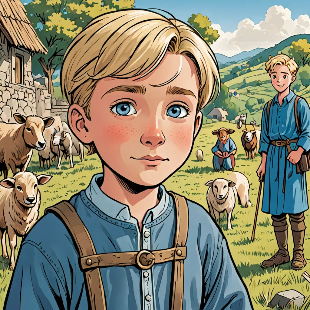 a boy with a blue shirt and brown suspenders standing in front of a herd of sheep and a man with a blue shirt, les automatistes, a storybook illustration, Brothers Hildebrandt, graphic novel