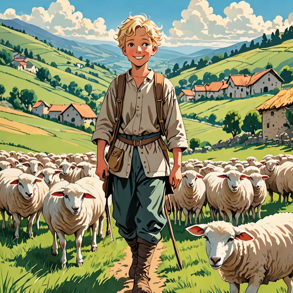 a man with a stick in front of a herd of sheep in a field with houses in the background, les automatistes, a storybook illustration, Brothers Hildebrandt, official art