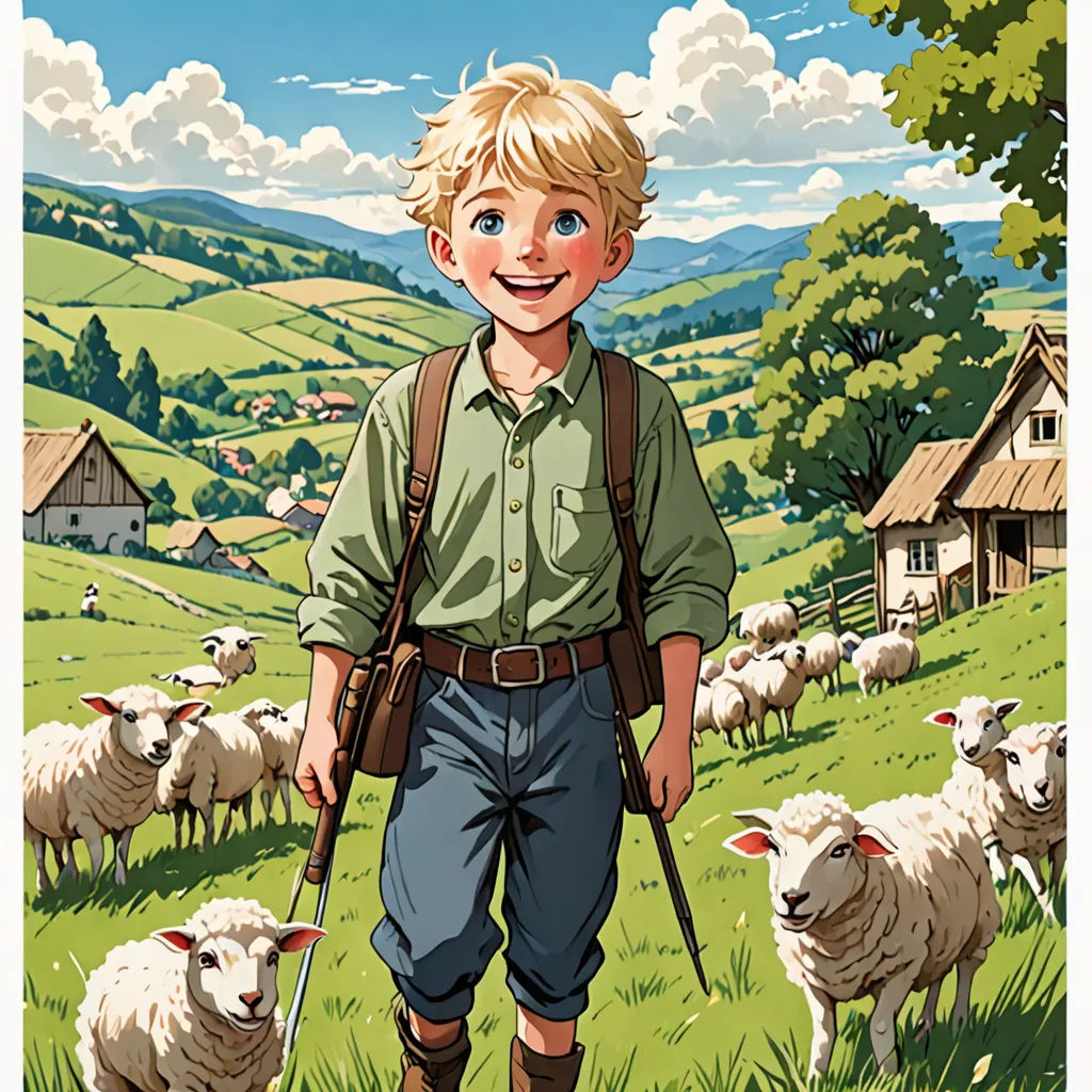 a boy with a stick in his hand standing in front of a herd of sheep in a field with a house, regionalism, a storybook illustration, Brothers Hildebrandt, color page