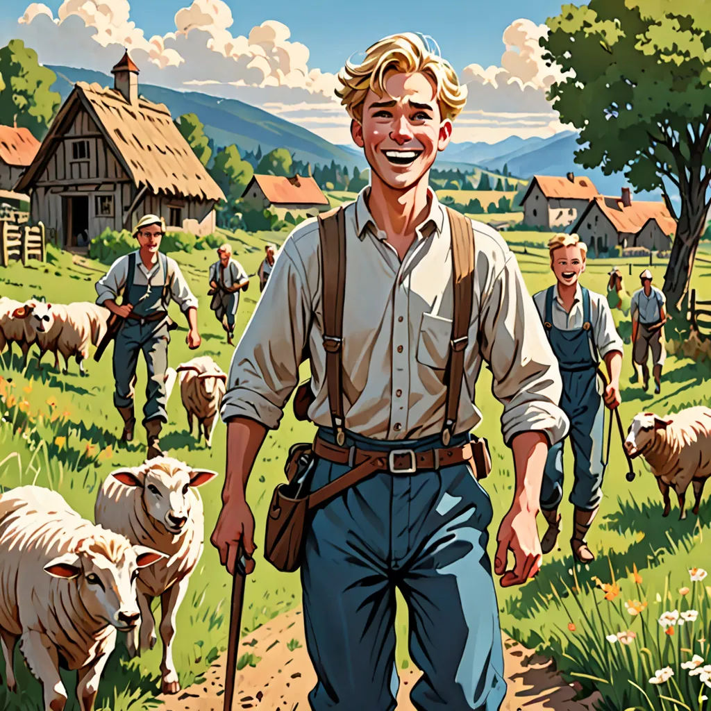 a man with a cane is walking in a field with sheep and a farm house in the background with a man with a cane, german romanticism, a storybook illustration, Brothers Hildebrandt, comic cover art