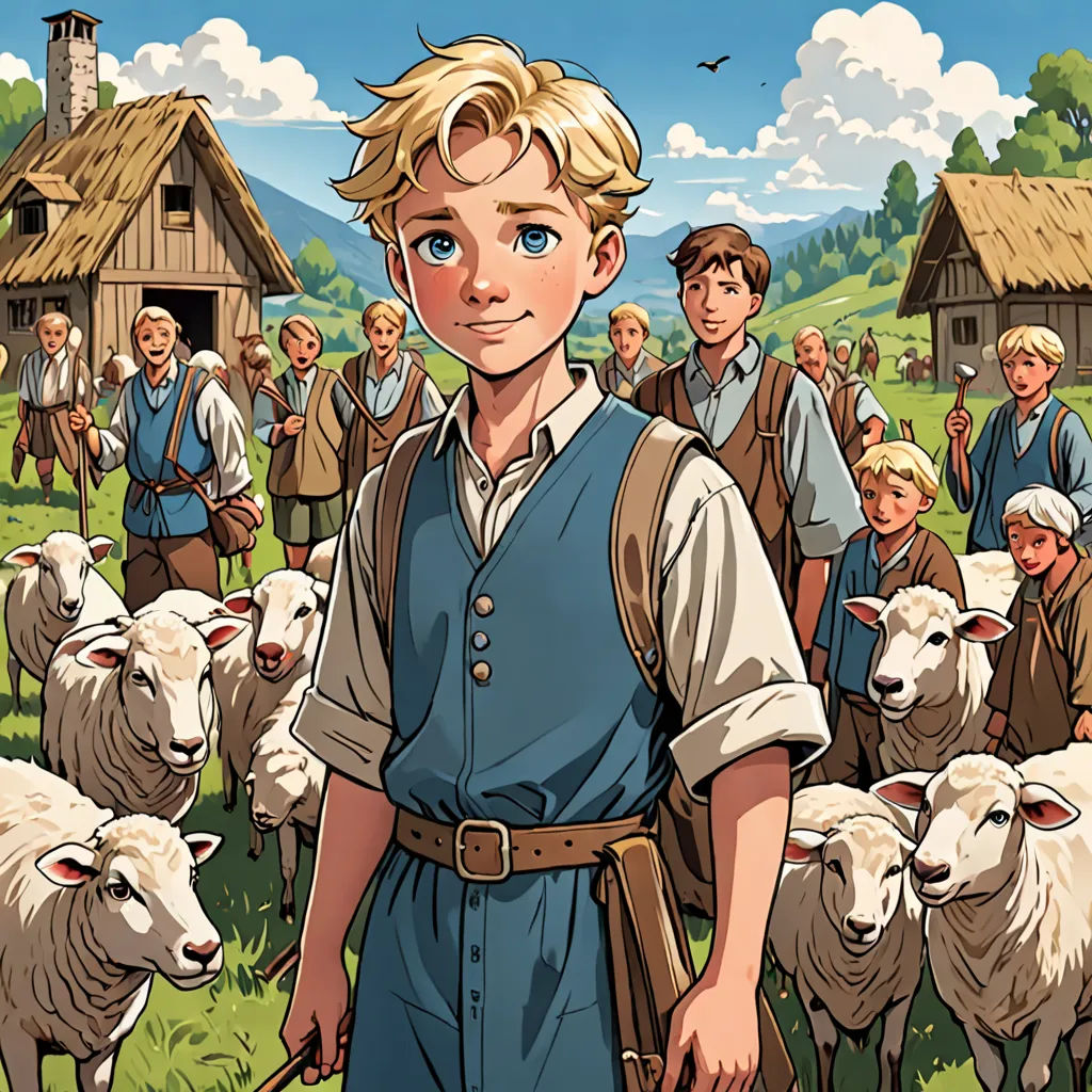 a boy standing in front of a herd of sheep in a field with a village in the background and a boy in a blue shirt and white shirt, les automatistes, a storybook illustration, Brothers Hildebrandt, comic cover art