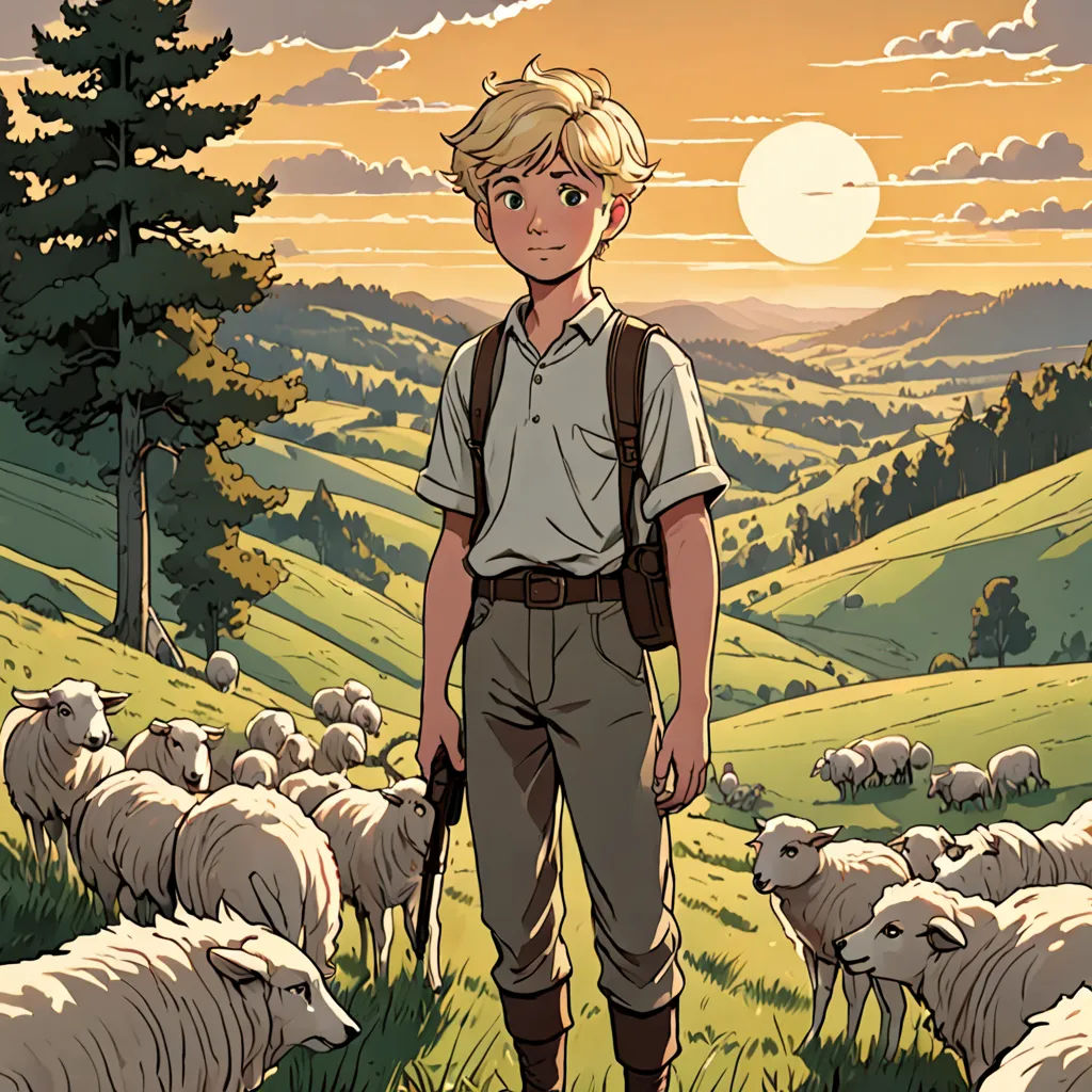 a boy standing in front of a herd of sheep in a field with a sunset in the background and a person standing in the foreground, les automatistes, a character portrait, Asaf Hanuka, color page