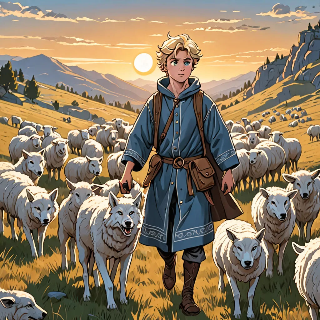 a man standing in a field with a herd of sheep behind him and a full moon in the sky, les automatistes, a storybook illustration, Cedric Seaut (Keos Masons), official art
