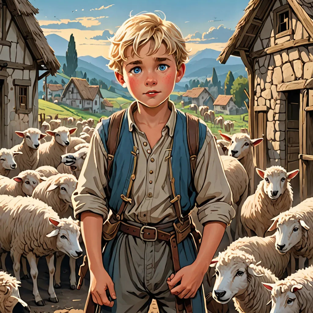 a boy standing in front of a herd of sheep in a village with a house and a mountain in the background, fantasy art, a storybook illustration, Aaron Jasinski, rossdraws global illumination