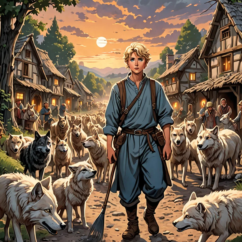 a man standing in front of a herd of animals in a village with a full moon in the background, fantasy art, a storybook illustration, Brothers Hildebrandt, comic cover art