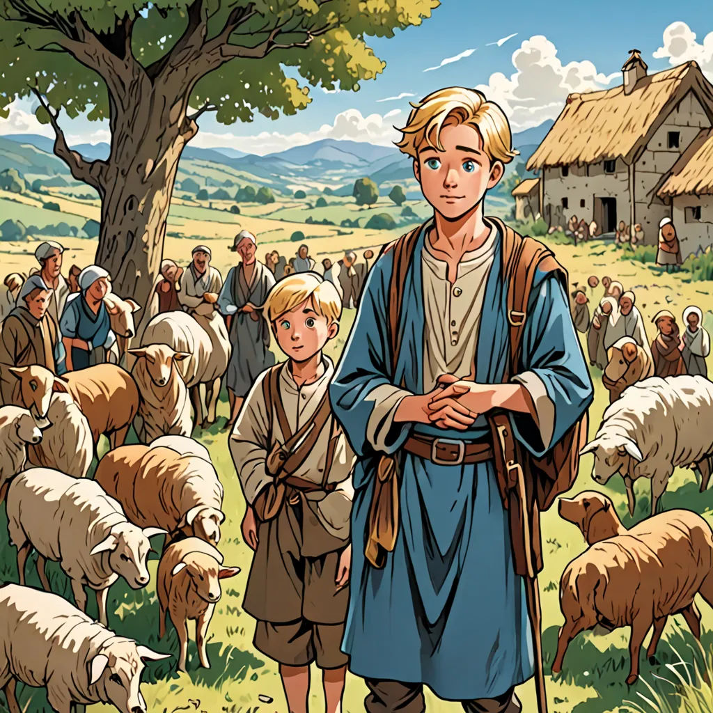a man and a boy standing in front of a herd of sheep in a field with a house in the background, context art, a storybook illustration, Brothers Hildebrandt, official art